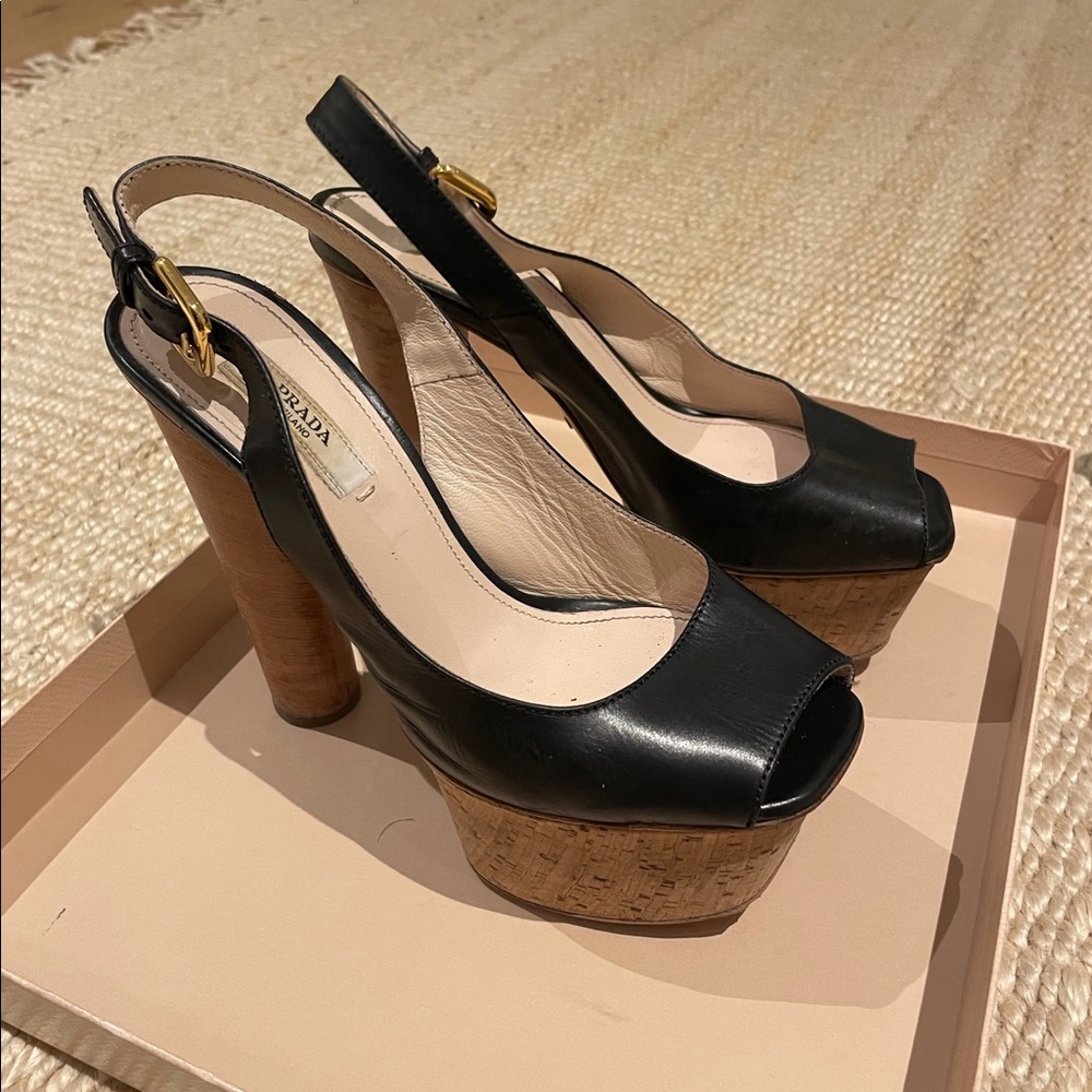 Prada leather black platform stacked heel